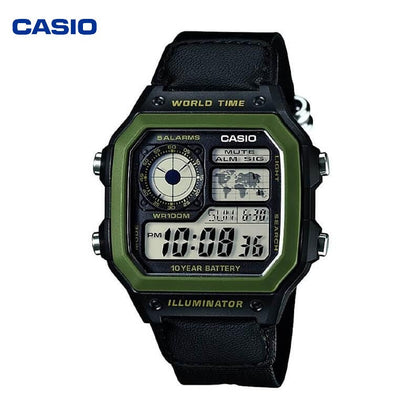 Reloj Hombre CASIO AE-1200WHB-1BVDF Digital Hora Mundial, Bisel Verde, Correa de Tela - imagen 1