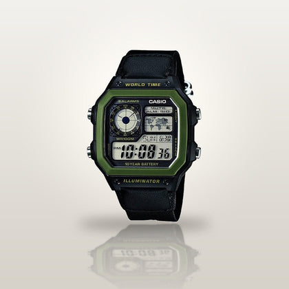 Reloj Hombre CASIO AE-1200WHB-1BVDF Digital Hora Mundial, Bisel Verde, Correa de Tela - imagen 2