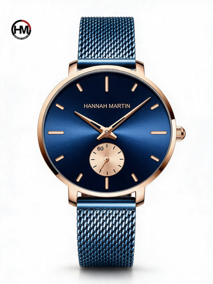 Reloj mujer HANNAH MARTIN GRACE Blue con esfera azul sunray, caja oro rosa y malla milanesa azul, vista frontal