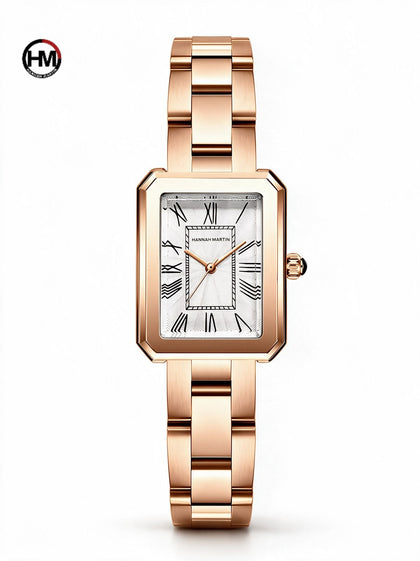 Reloj mujer HANNAH MARTIN LUPE oro rosa, caja rectangular con esquinas biseladas, esfera blanca con índices romanos y brazalete de acero, vista frontal
