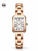 Reloj mujer HANNAH MARTIN LUPE oro rosa, caja rectangular con esquinas biseladas, esfera blanca con índices romanos y brazalete de acero, vista frontal