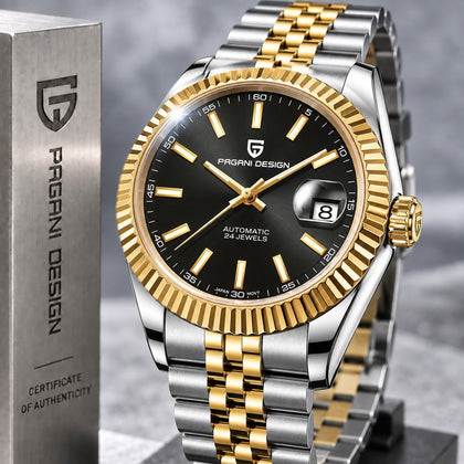 Reloj PAGANI DATEJUST Clásico Automatico Dorado BLACK Cristal de Zafiro