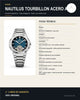 Reloj Hombre PAGANI NAUTILUS TOURBILLON Automático Corazón Abierto Acero, Esfera Azul, Sumergible 100m - ficha técnica