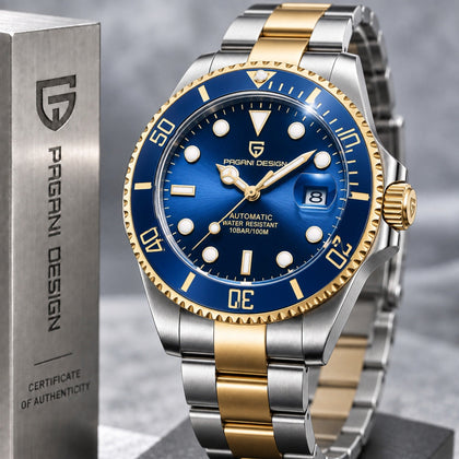 Reloj Hombre PAGANI SUBMARINER Automático Bicolor Acero y Oro, Esfera Azul, Sumergible 100m