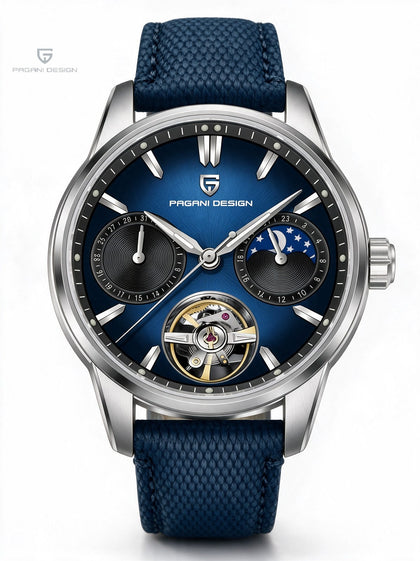 Reloj Hombre PAGANI MOONPHASE Automático Fase Lunar y Corazón Abierto, Esfera Azul, Correa de Tela - imagen 1