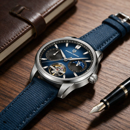 Reloj Hombre PAGANI MOONPHASE Automático Fase Lunar y Corazón Abierto, Esfera Azul, Correa de Tela - imagen 2