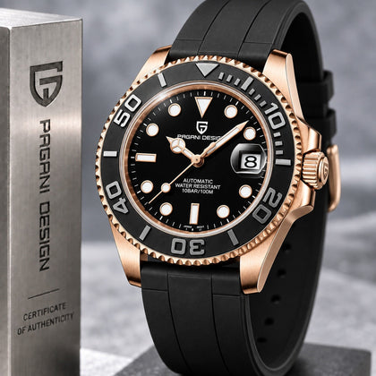 Reloj Hombre PAGANI Yacht Master Gold Automático, Bisel Negro, Correa de Caucho